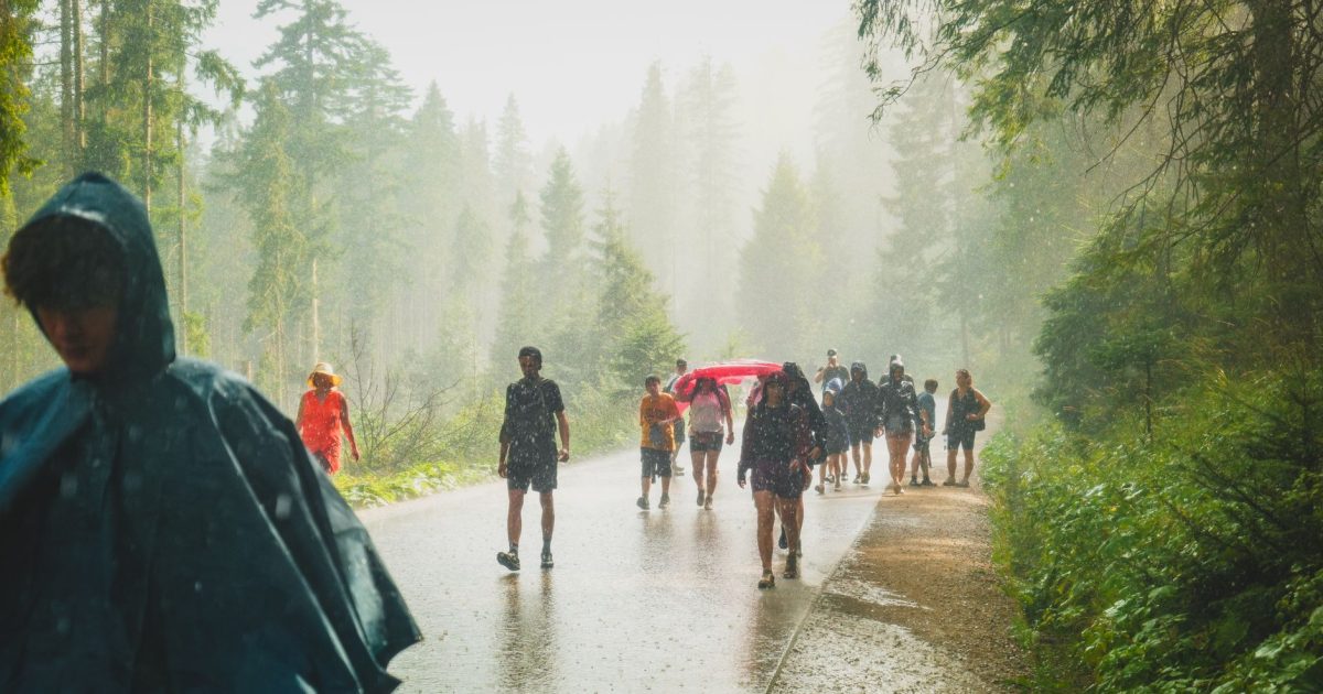 Grupo de senderistas caminando bajo la lluvia por un sendero de bosque envuelto en niebla
